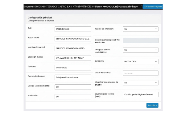 Configuración de la empresa: RUC, firma electrónica y punto de emisión
